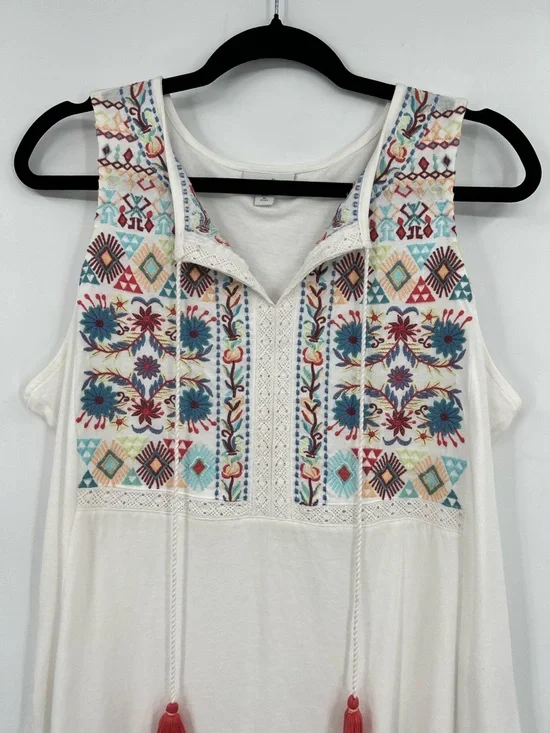 J. Jill Embroidered Sleeveless Knit Tank Top Tassel Tie Floral White Boho Medium - Picture 7 of 14